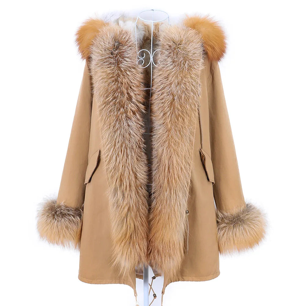MAOMAOKONG 2023 Abnehmbarer Echtfuchs Pelzkragen Mäntel Damen Winterjacke Kapuze Kaninchenfellfutter Lange Parkas Damenbekleidung