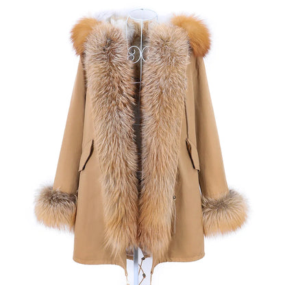 MAOMAOKONG 2023 Abnehmbarer Echtfuchs Pelzkragen Mäntel Damen Winterjacke Kapuze Kaninchenfellfutter Lange Parkas Damenbekleidung