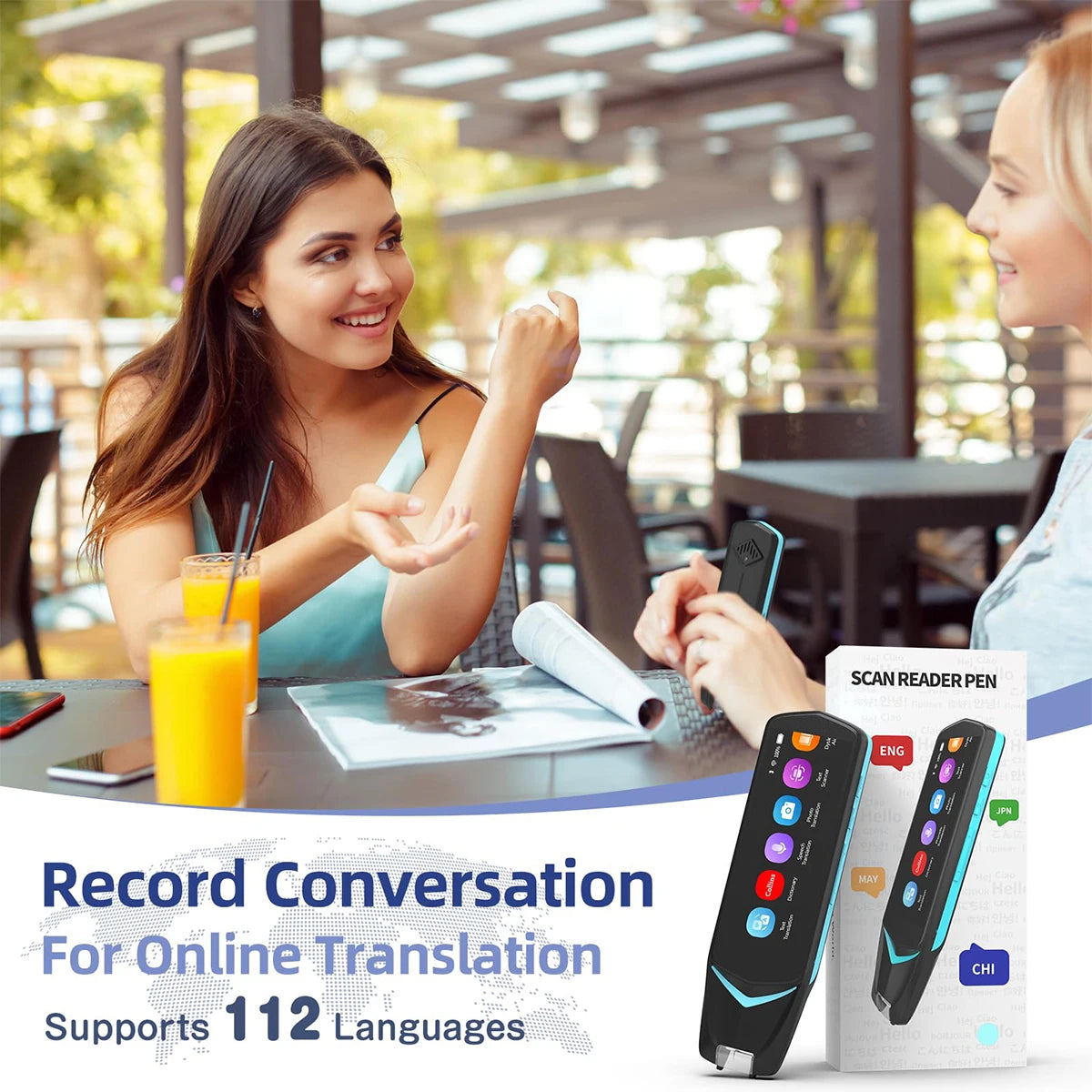 Two women sitting at a table with a product for online translation in the foreground.