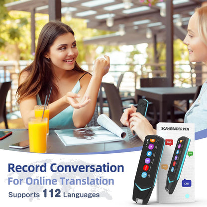 Two women sitting at a table with a product for online translation in the foreground.