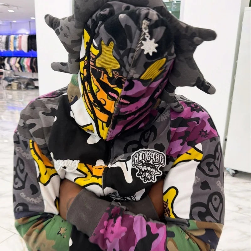 Designer Sun Face Patchwork Zipper Hoodie Jacket Sweater