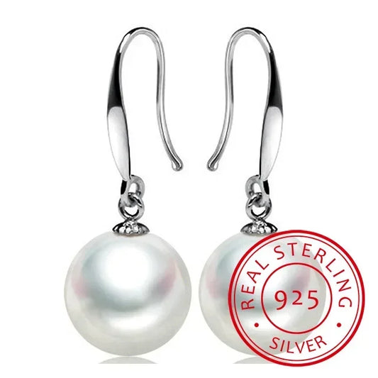 925 Silver 10mm Pearl Drop Earrings Women Wedding