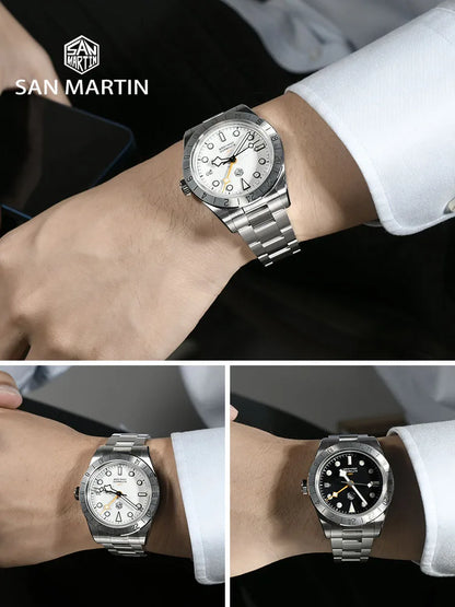 Collage of San Martin watches on wrists with brand logo.