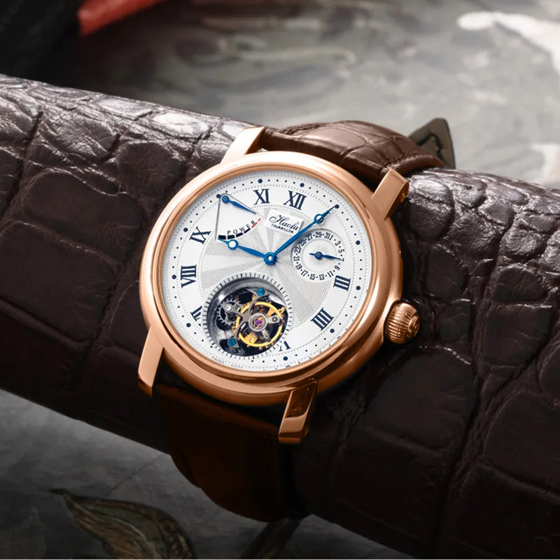 18K Solid Gold Tourbillon Watch Hand-carved Sunburst Dial Manual Mechanical Watch Sapphire Business