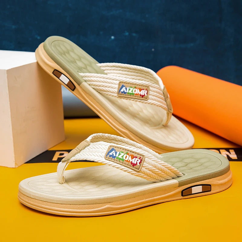 Pair of sandals with a visible brand logo on a colorful background