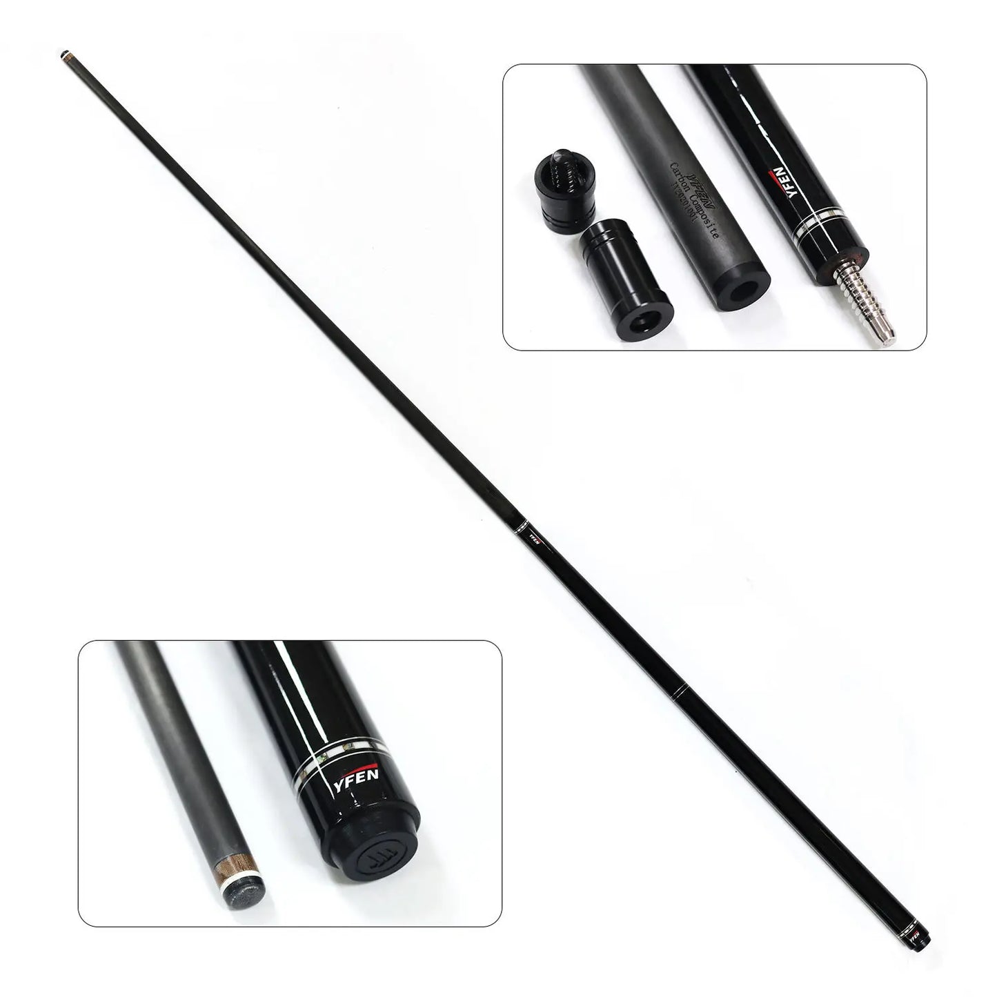 Black fishing rod with close-up insets on a white background