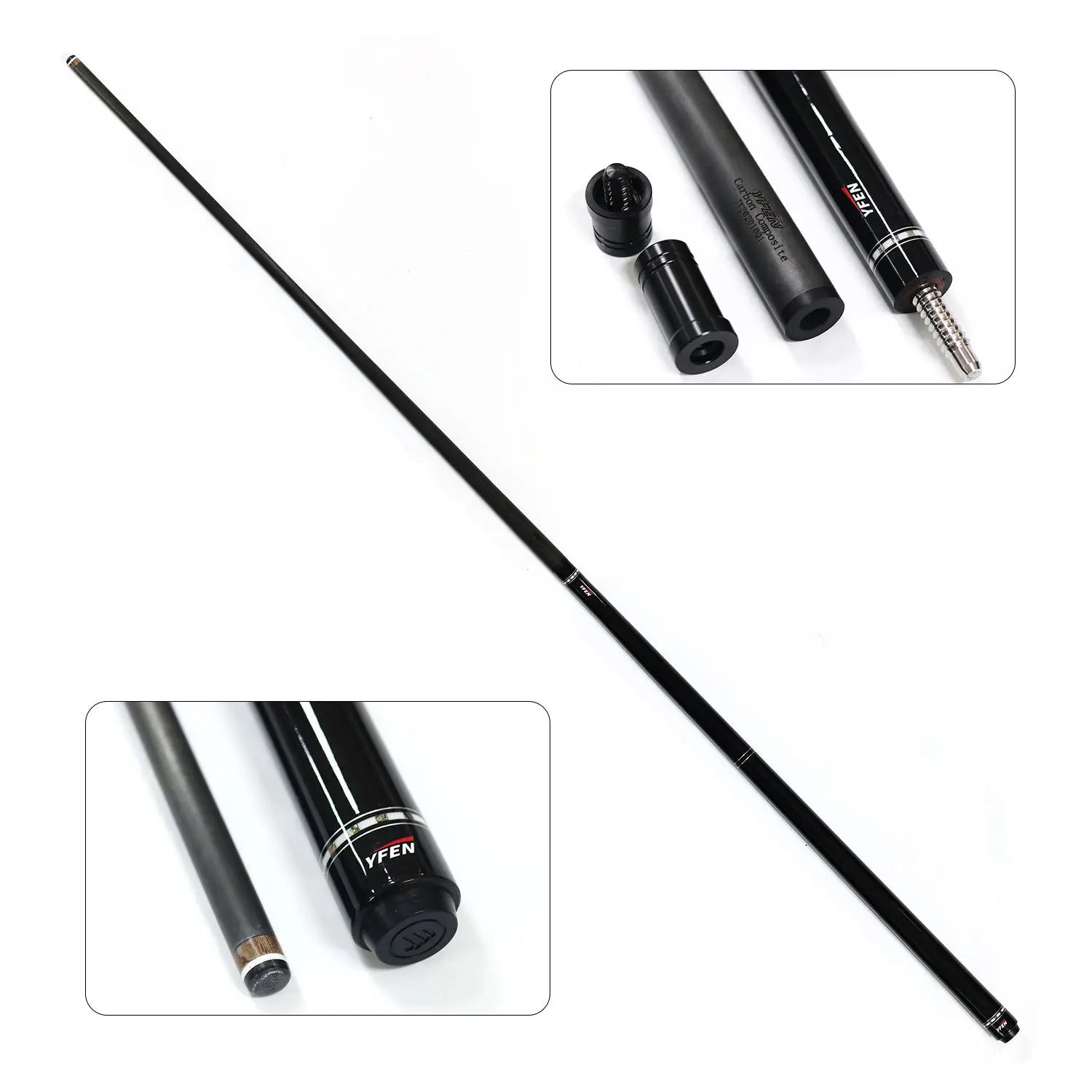 Black fishing rod with close-up insets on a white background