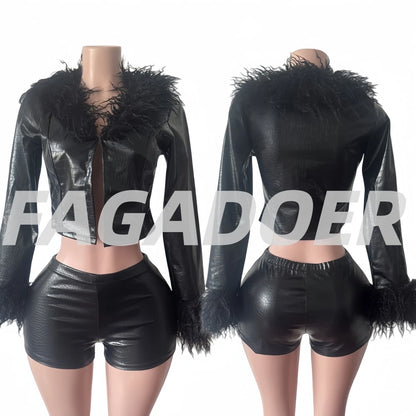 FAGADOER Sexy Fur Leather Patchwork 2 Pieces Set for Woman Outfits Solid Color Long Sleeves Crop Top + Shorts Female Streetwear