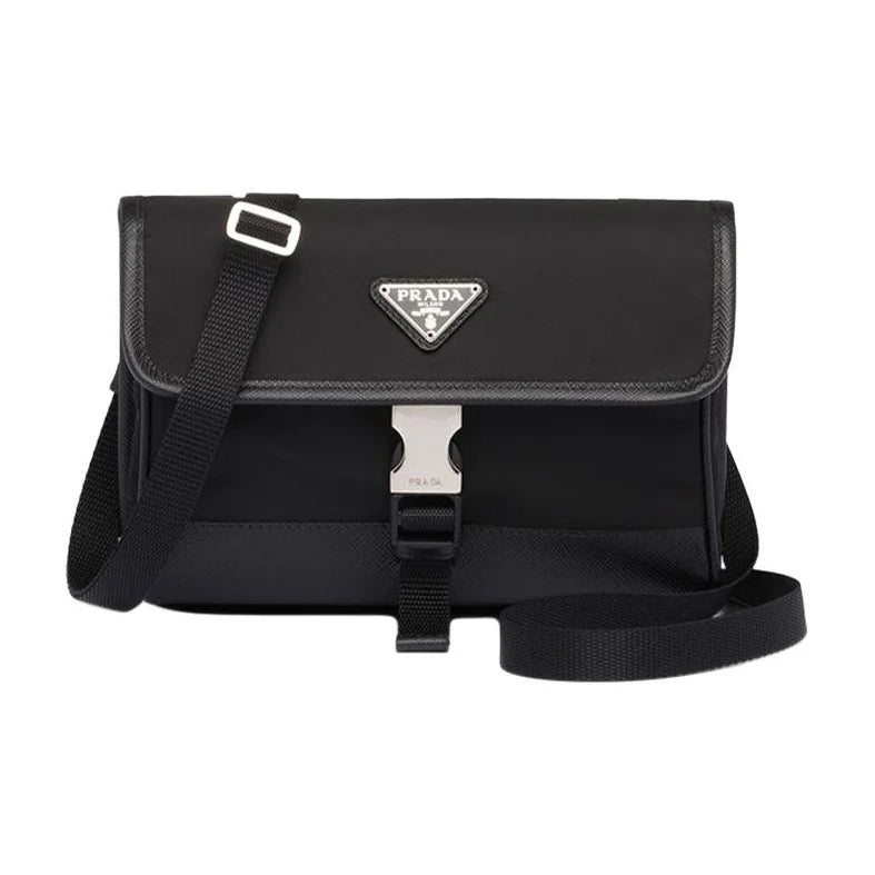 Black Prada bag with a silver buckle on a white background