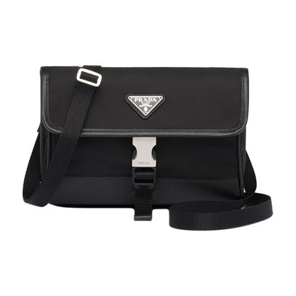 Black Prada bag with a silver buckle on a white background