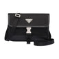 Black Prada bag with a silver buckle on a white background