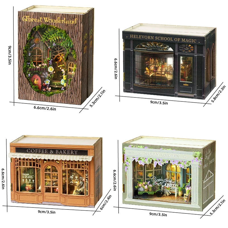 Four miniature model buildings with dimensions labeled on a white background