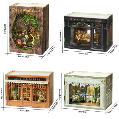 Four miniature model buildings with dimensions labeled on a white background