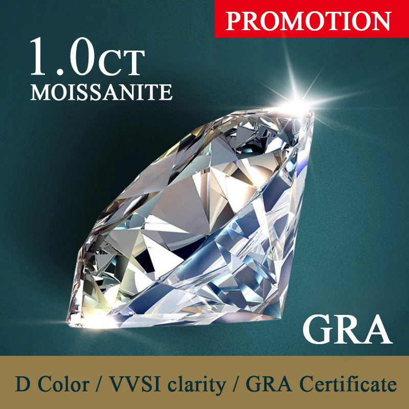 1.0ct Moissanite gemstone with 'Promotion' and 'GRA' certification text on a dark green background.