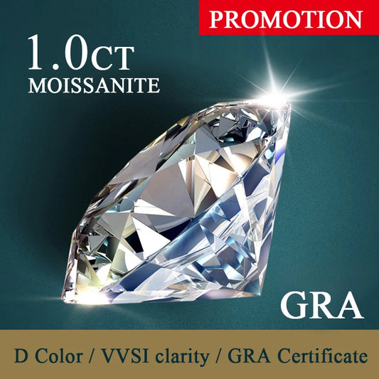 1.0ct Moissanite gemstone with 'Promotion' and 'GRA' certification text on a dark green background.
