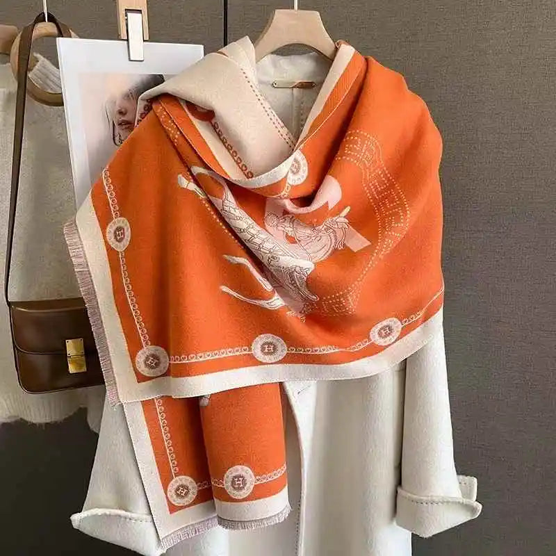 Luxury Winter Faux Cashmere Scarf Women 2025 fashionable Little horse thickened European and American warm Shawl