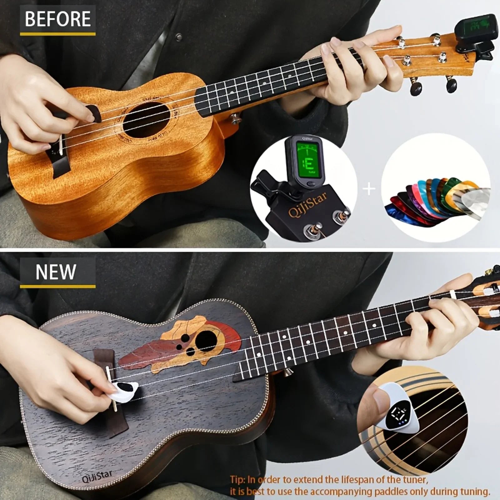 Before and after comparison of a person playing a ukulele with additional accessories.