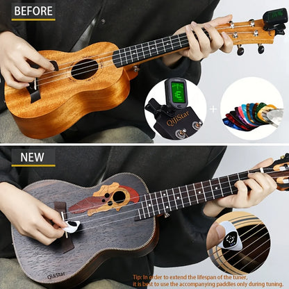 Before and after comparison of a person playing a ukulele with additional accessories.