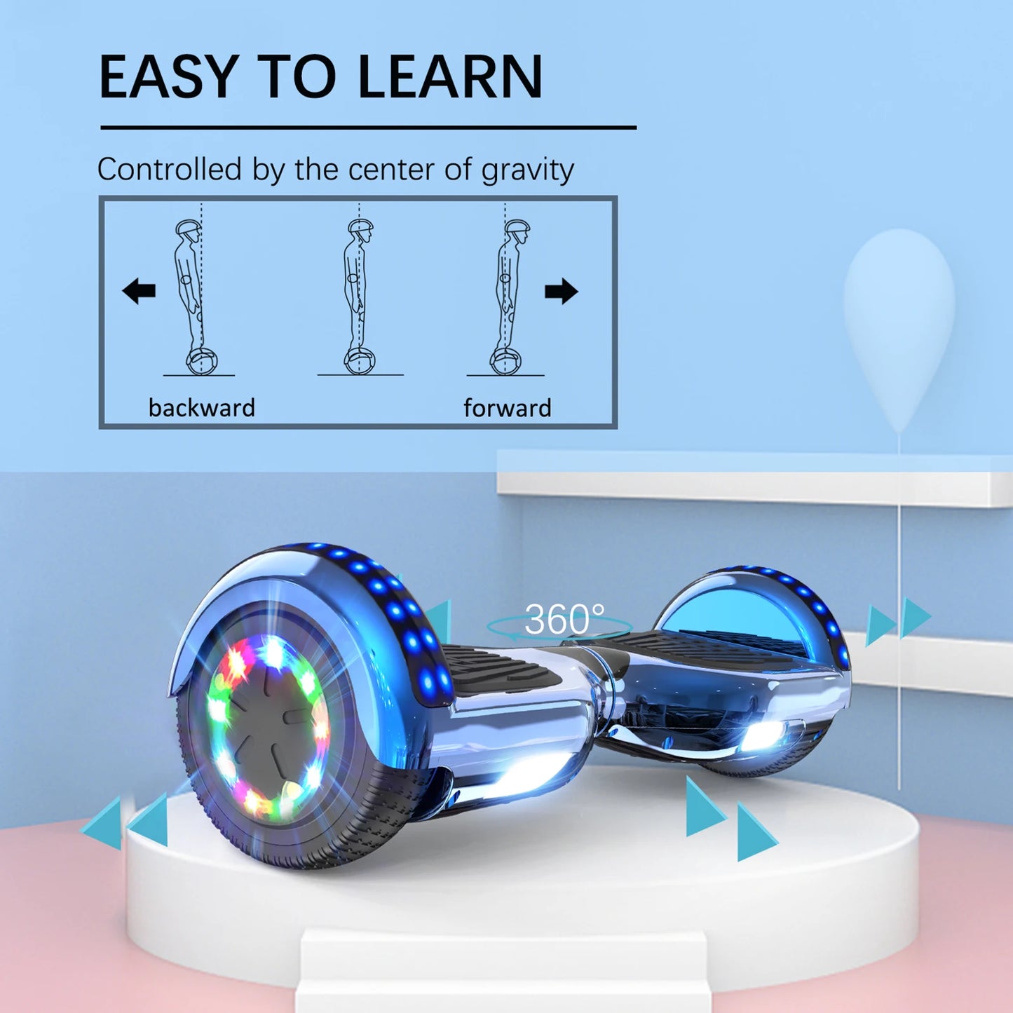 Hoverboard with LED lights on a stand against a light blue background