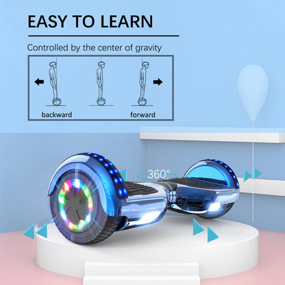 Hoverboard with LED lights on a stand against a light blue background