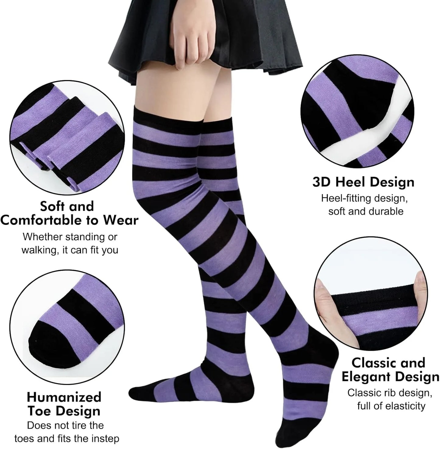 1 Paar stylische knielange JK-Socken, Damen-Streifensocken, hohe Socken, Mädchen-Oberschenkel-Socken. Mehrfarbige gestreifte niedliche Socken