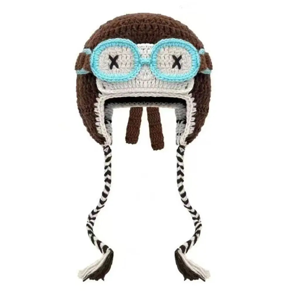Korean Niche Pilot Knitted Hat With Detachable Glasses Funny Knitted Beanie Cap Unisex Autumn Winter Warm Ear Protection Hats