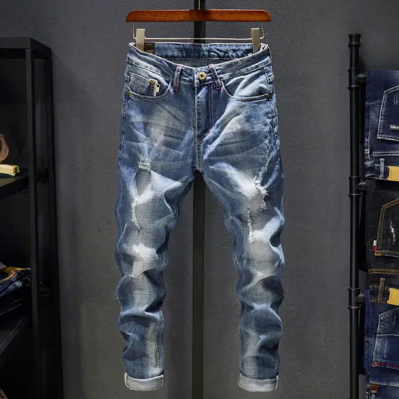 American Elastic Straight Jeans Men Ripped Worn-out Slim-fit Cotton Men's Clothing