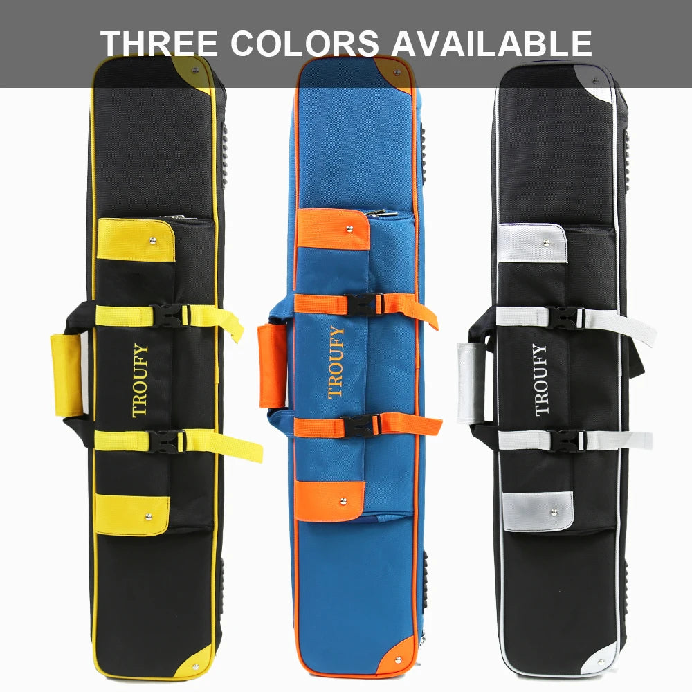 Three ski bags in different colors with 'TROUFFY' branding on a white background.