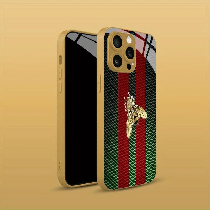 Phone case with bee design and striped pattern on a beige background