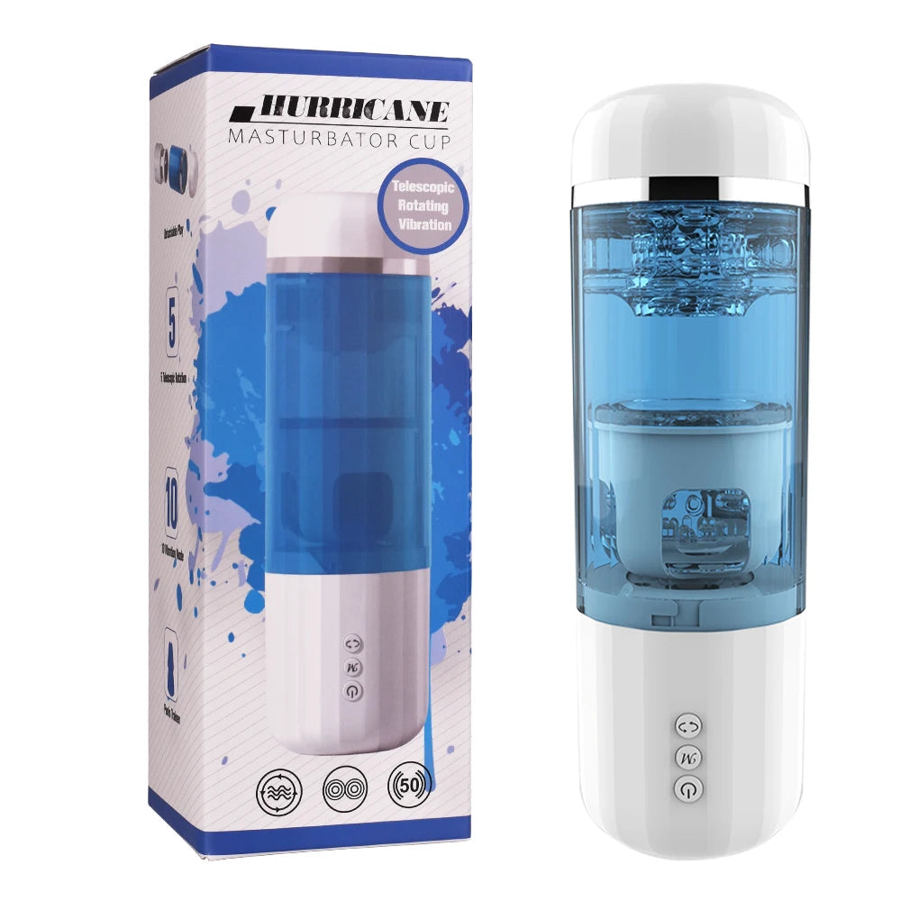 Blue and white masturbator cup with packaging on a white background