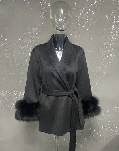 UCXQ Eleganter OL Business-Mantel Pelz-Patchwork Langarm Wollmantel Schöne Damenbekleidung Jacke Herbst 2025 Winter
