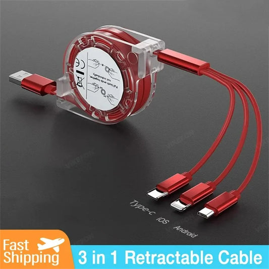 3-in-1 Retractable Data USB Cable Fast Charging For iPhone Type-C Micro USB For Android Xiaomi Huawei Samsung USB Charger Wire