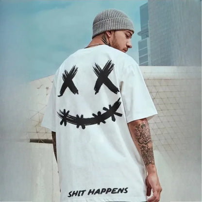 8XL Locker sitzendes, modisches, trendiges T-Shirt mit amerikanischem Smiling-Expression-Print, bequemes Casual-Herren-Vielseitiges-Paar-Outfit