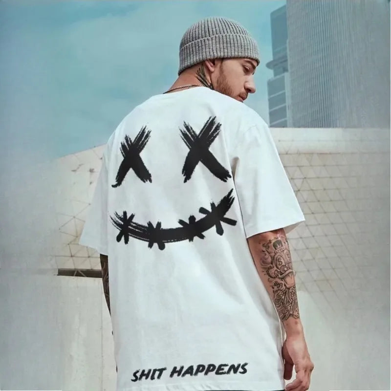 8XL Locker sitzendes, modisches, trendiges T-Shirt mit amerikanischem Smiling-Expression-Print, bequemes Casual-Herren-Vielseitiges-Paar-Outfit