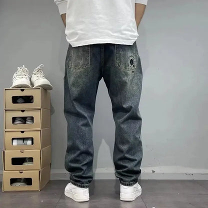 Four Seasons Neue Mode Herren American High Street Loch-Patched Loose Wide Leg Jeans Hose Vintage Washed Denim Hose Herren