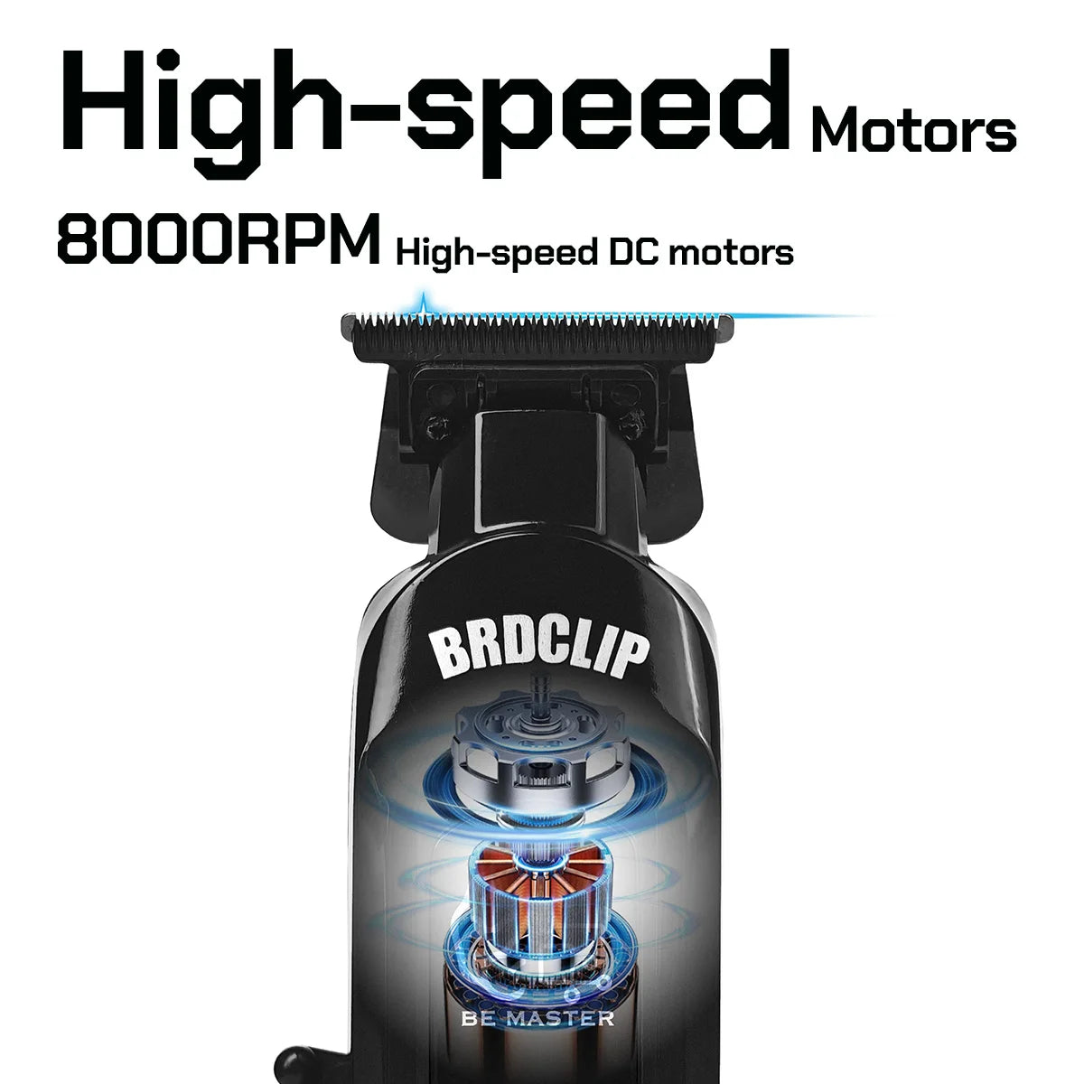 Hair trimmer with high-speed motors and BRDCLIP branding on a white background