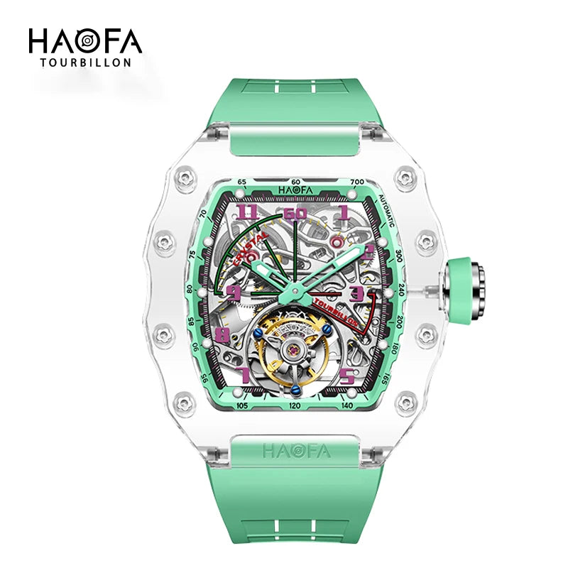 Haofa Tourbillon Crystal Transparent Hollowing Waterproof Luminous Automatic Mechanical Watches