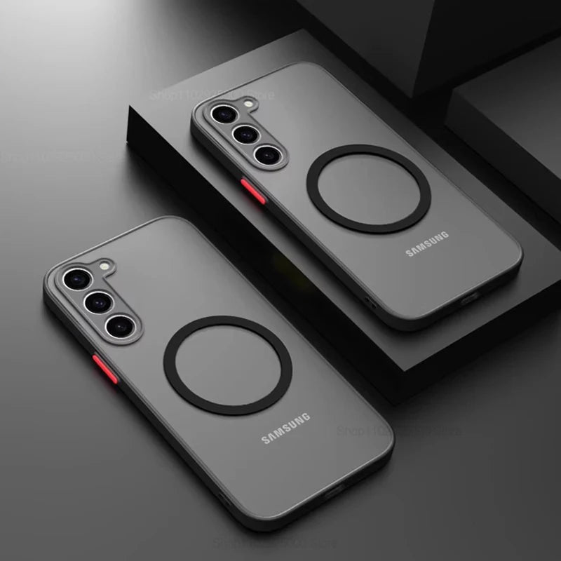 Two Samsung phone cases with magnetic circular design on a dark background