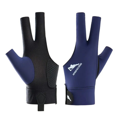 Black and blue gloves with a brand logo on a white background