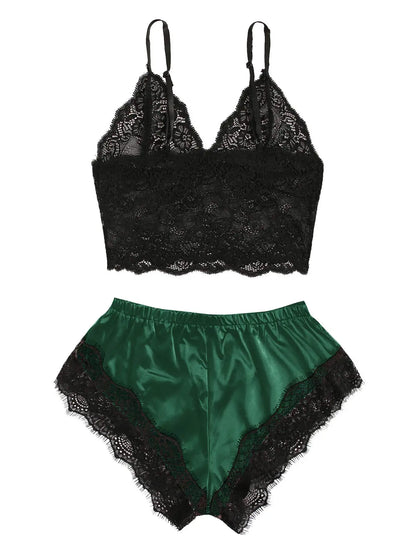 2PCS Women's Satin Pajama Set Lace Cami Top and Shorts Sexy Lingerie Sleepwear Summer Breathable Nightwear Black And Pink
