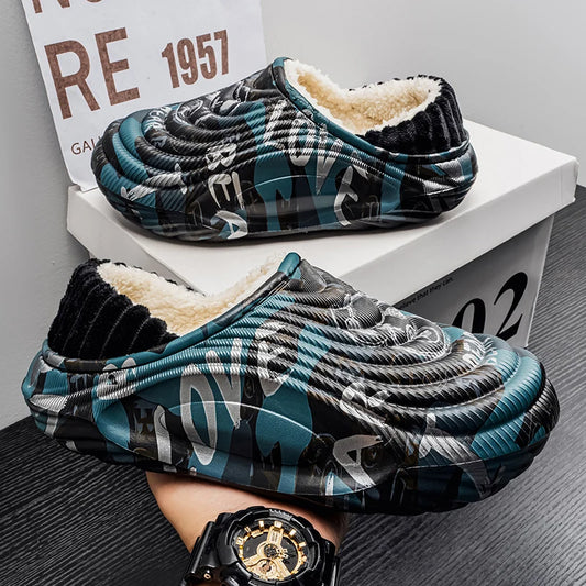 Plaid patterned slippers with fur lining on a gray surface.