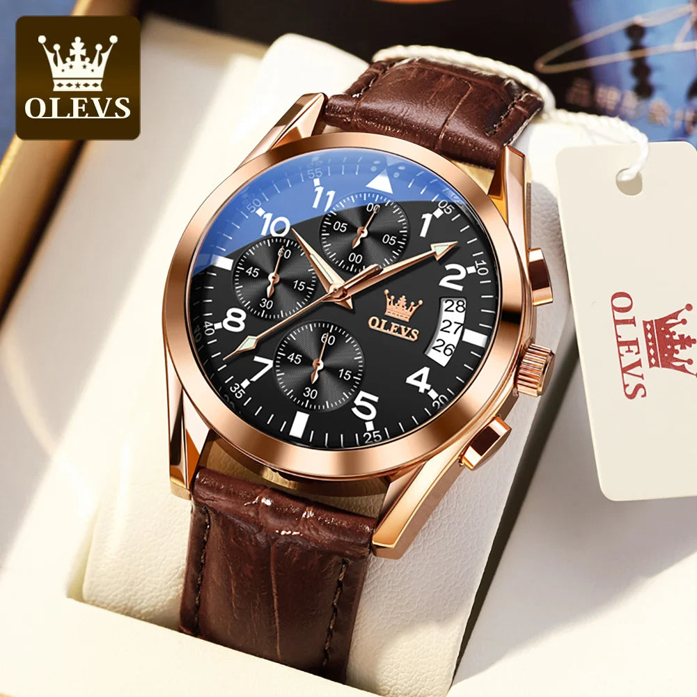 OLEVS Quartz Watch for Men Original Leather Strap Date