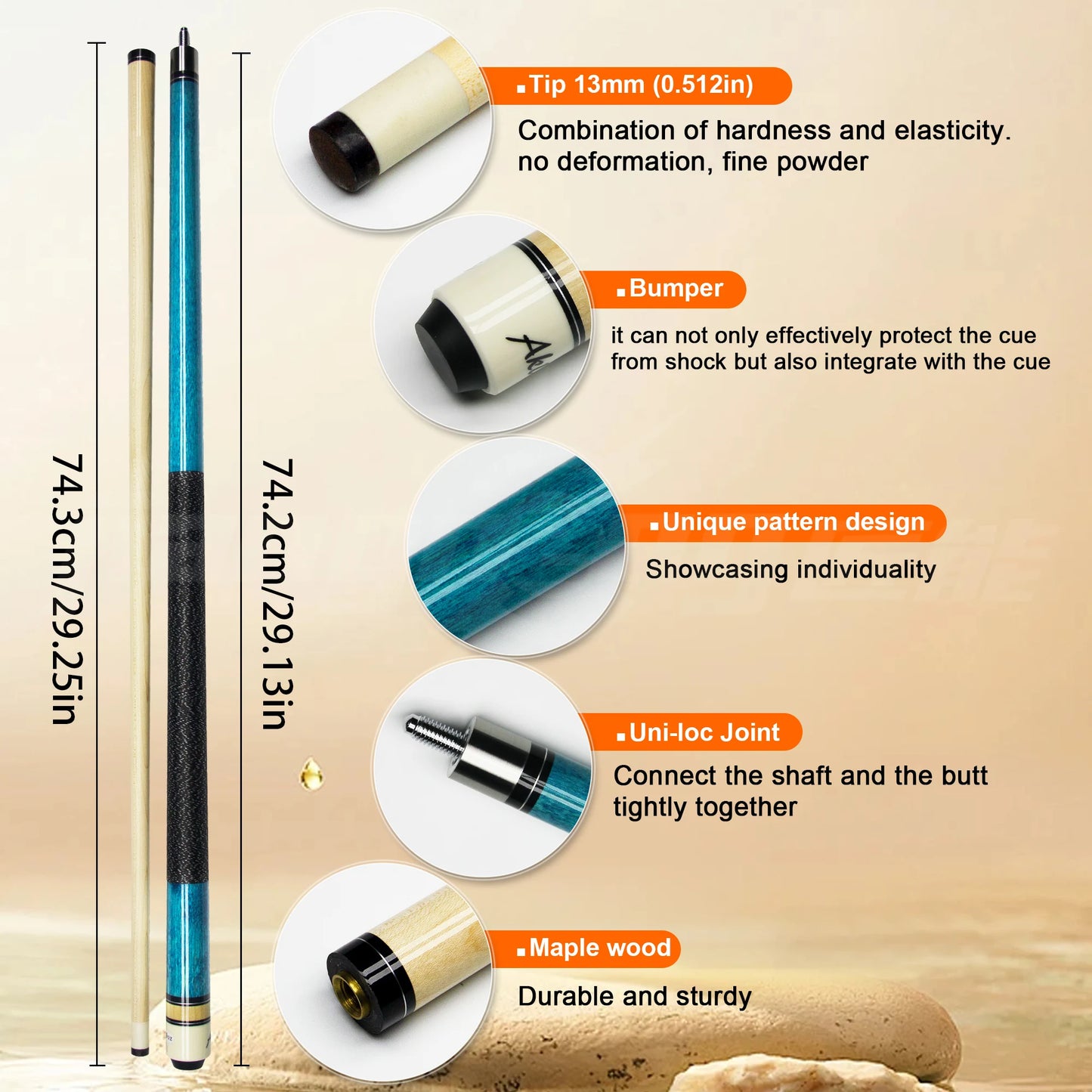 Pro-Grade Maple Pool Cue 13mm Hard-Elastic Rainbow Tip Shockproof & Anti-Deformation Uni-Loc Quick-Release Joint