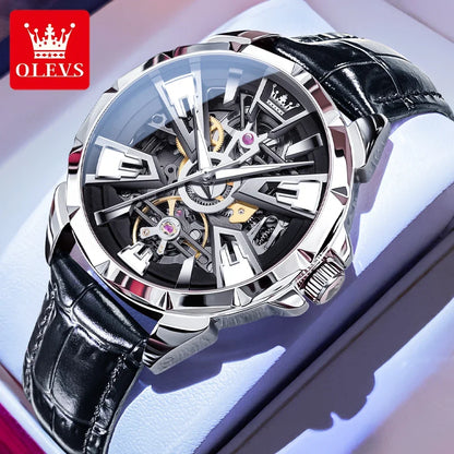Luxury watch with black leather strap and visible mechanism on a white background, featuring the OLEVS brand.