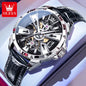 Luxury watch with black leather strap and visible mechanism on a white background, featuring the OLEVS brand.