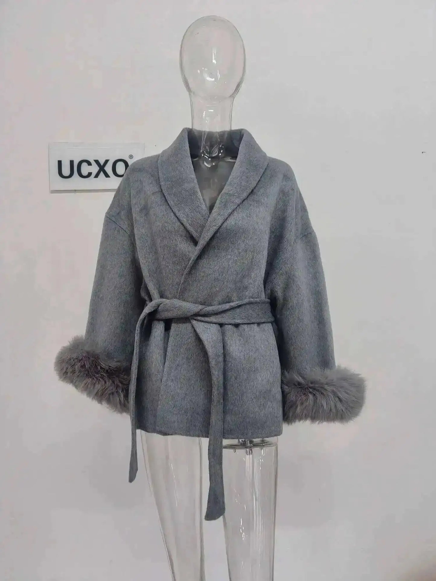 UCXQ Eleganter OL Business-Mantel Pelz-Patchwork Langarm Wollmantel Schöne Damenbekleidung Jacke Herbst 2025 Winter