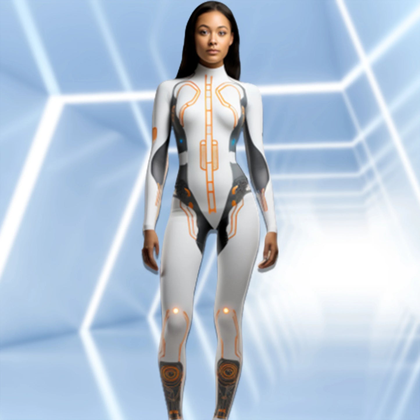 Mechanical Robot Print Cosplay Costume Women Sexy Onesie Futuristic Slim Jumpsuit Halloween Elastic Bodysuit Front Zipper Romper