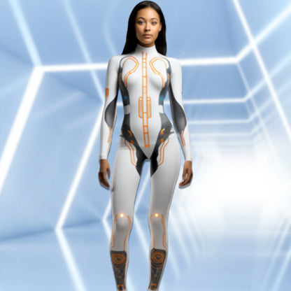 Mechanical Robot Print Cosplay Costume Women Sexy Onesie Futuristic Slim Jumpsuit Halloween Elastic Bodysuit Front Zipper Romper