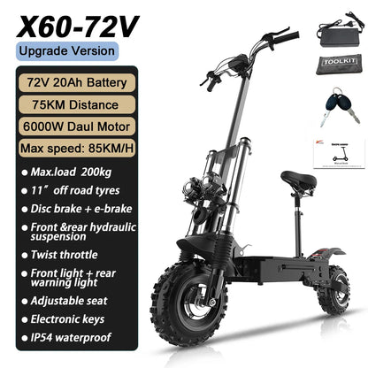 Electric scooter with features listed on a black background