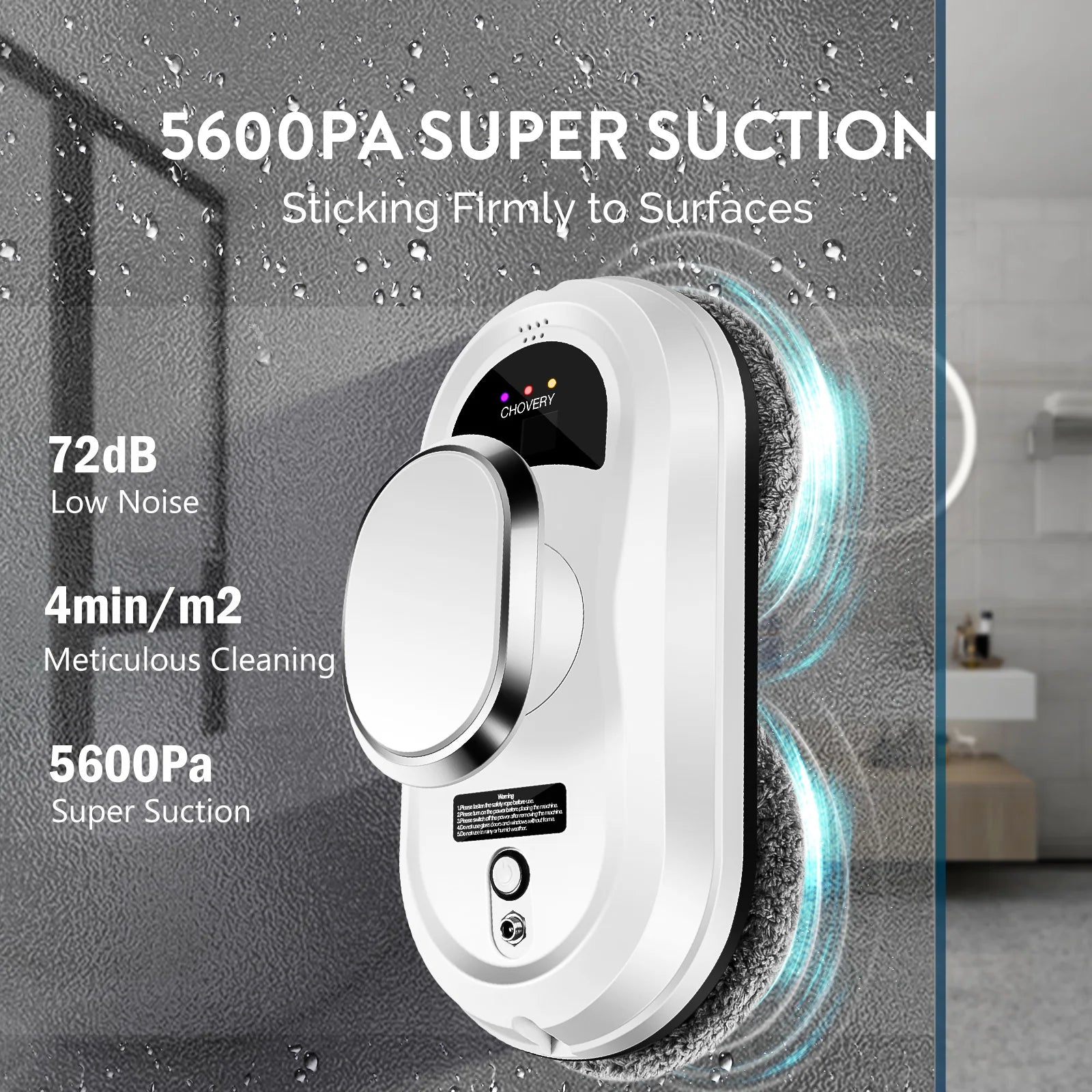 Cleaning device with suction capabilities on a bathroom background